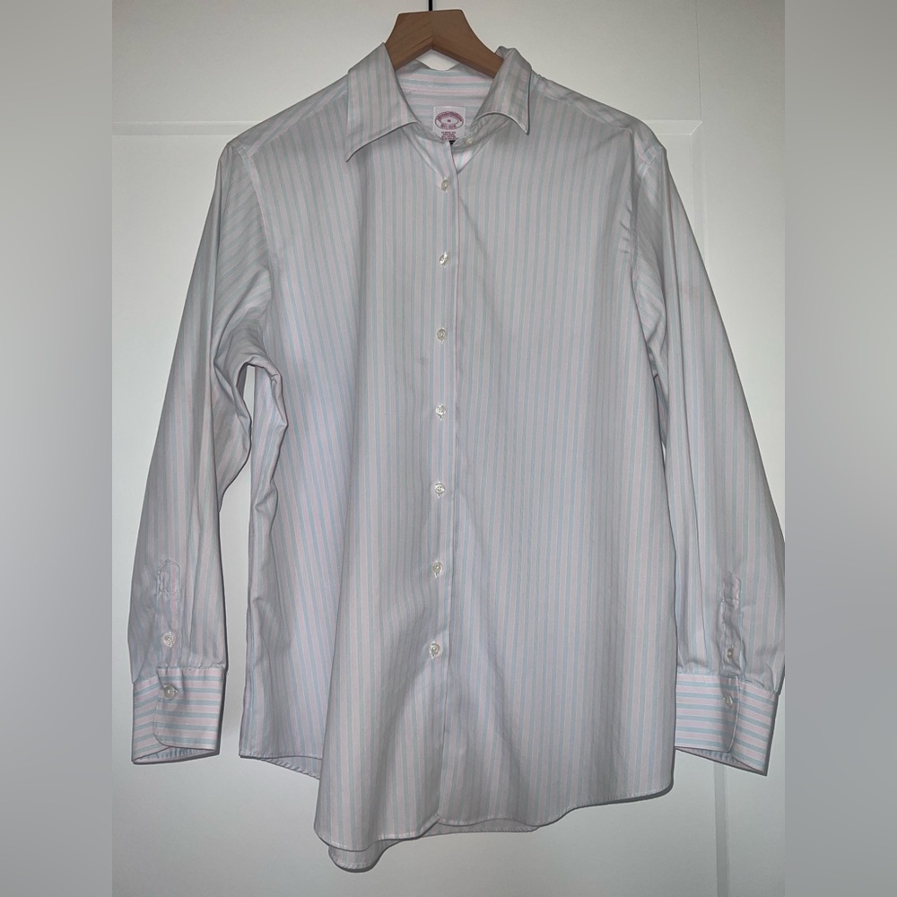 BROOKS BROTHERS classic fit all cotton men’s shirt, pink blue & white stripe 16